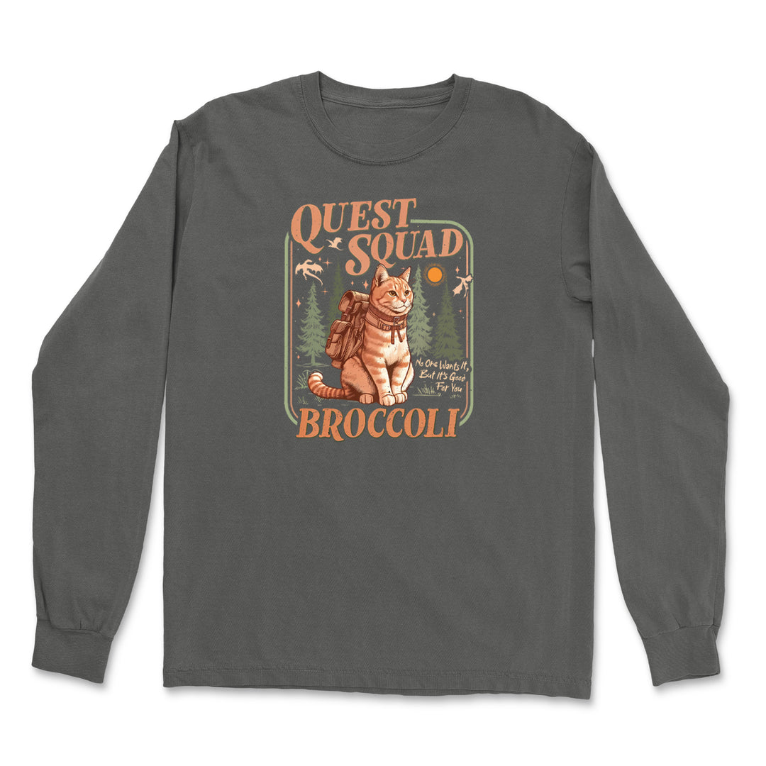 Quest Squad Broccoli Cat Fantasy Reader  Vintage Soft Long-Sleeve T-shirt 