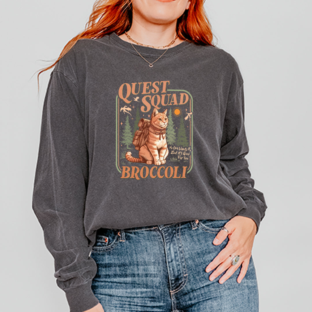 Quest Squad Broccoli Cat Fantasy Reader  Vintage Soft Long-Sleeve T-shirt 
