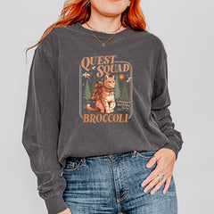 Quest Squad Broccoli Cat Fantasy Reader  Vintage Soft Long-Sleeve T-shirt 