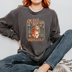 Quest Squad Broccoli Cat Fantasy Reader  Vintage Soft Long-Sleeve T-shirt 