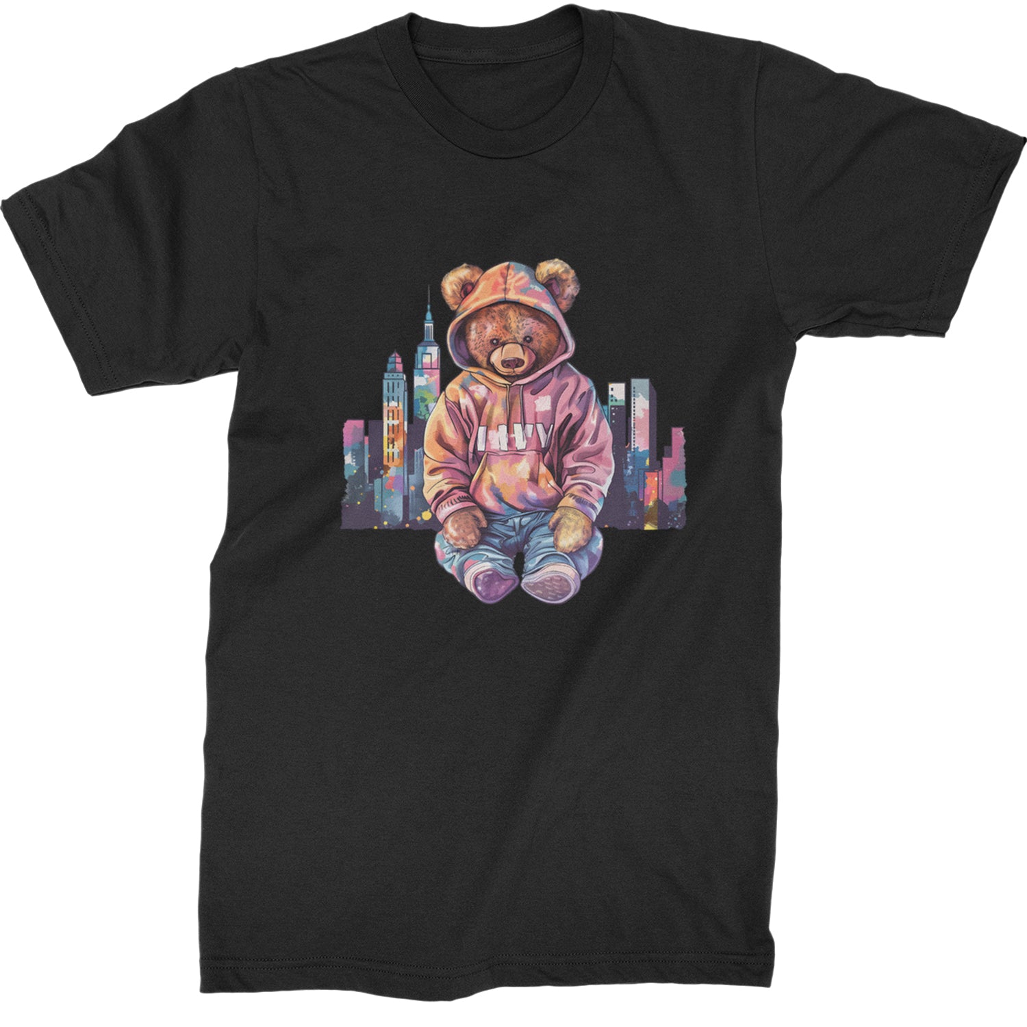 City Skyline Urban Graffiti Bear  Mens T-shirt Black