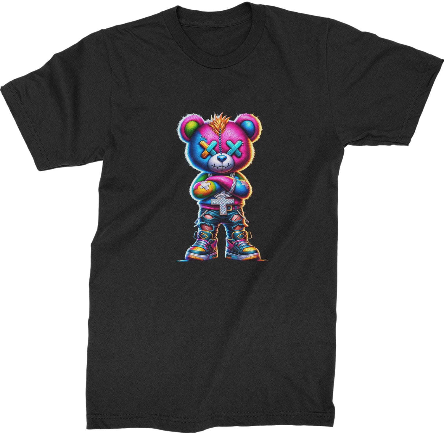 Stitched Neon Urban Graffiti Bear  Mens T-shirt Black