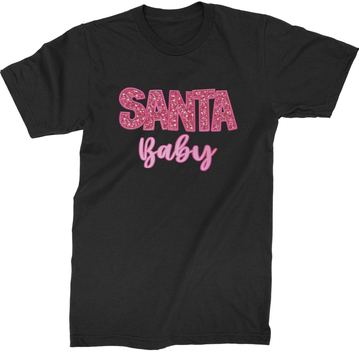 Santa Baby Faux Patch and Sequins  Mens T-shirt Black