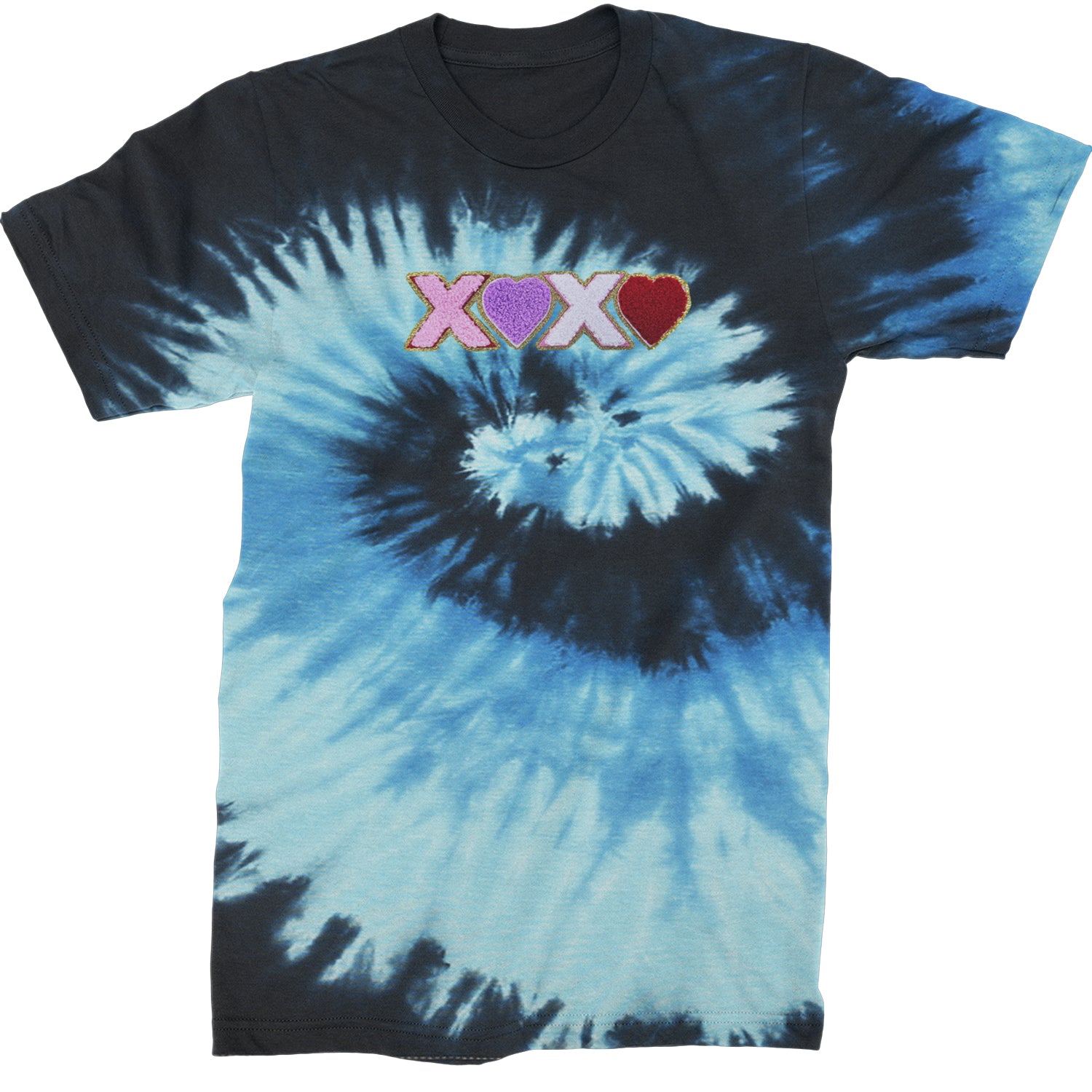 XOXO Chenille Patch Valentines Days  Mens T-shirt Tie-Dye Blue Ocean