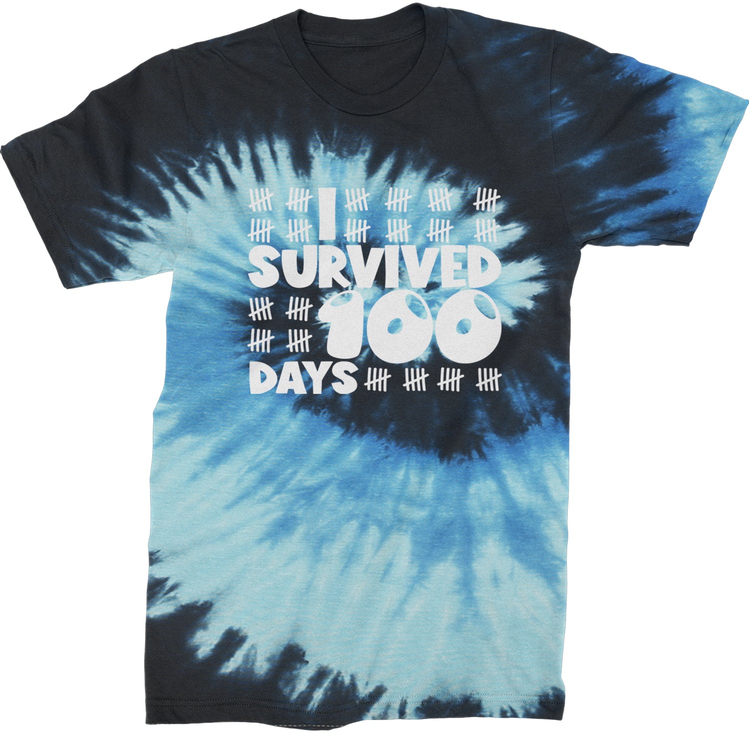 I Survived 100 Days Tally Marks Mens T-shirt Tie-Dye Blue Ocean