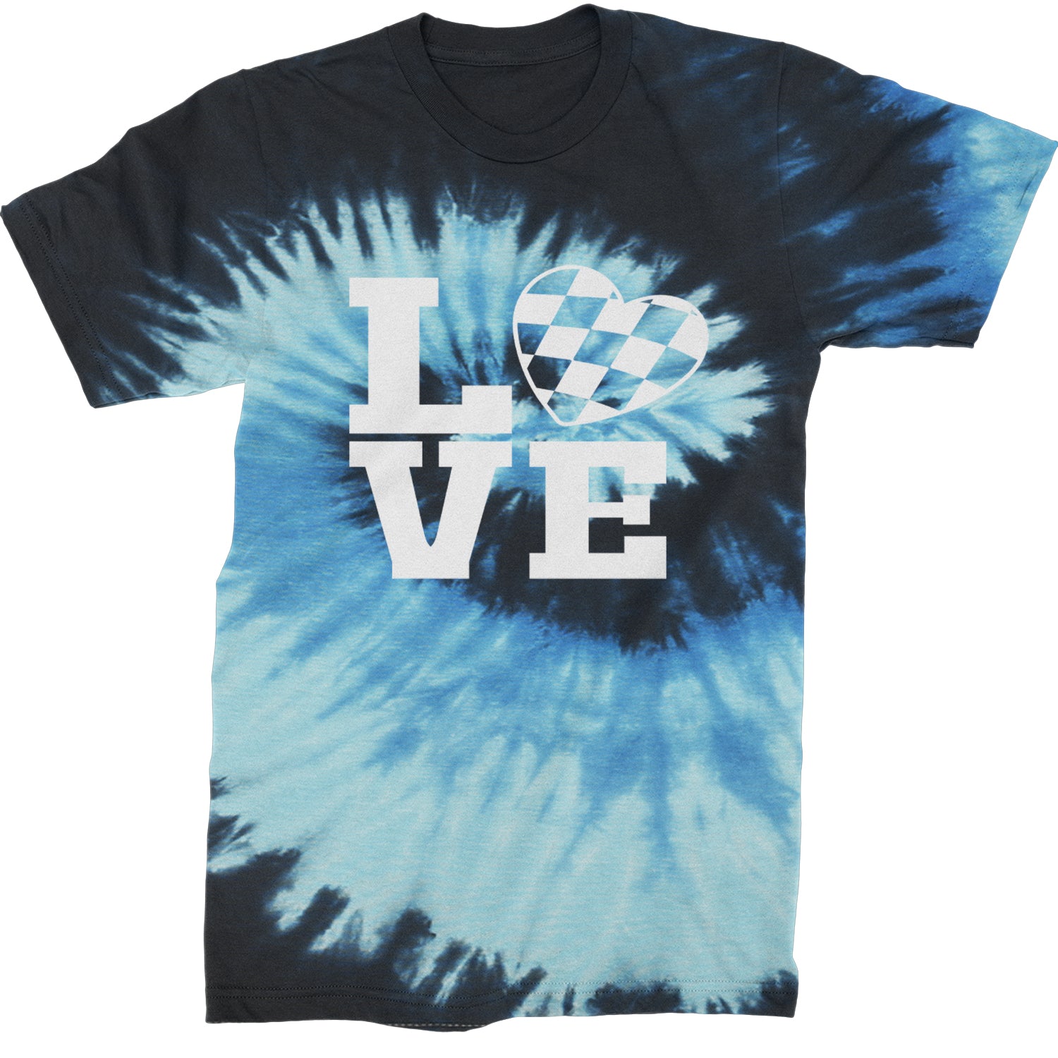 Love Racing Checkered Flag Heart Mens T-shirt Tie-Dye Blue Ocean