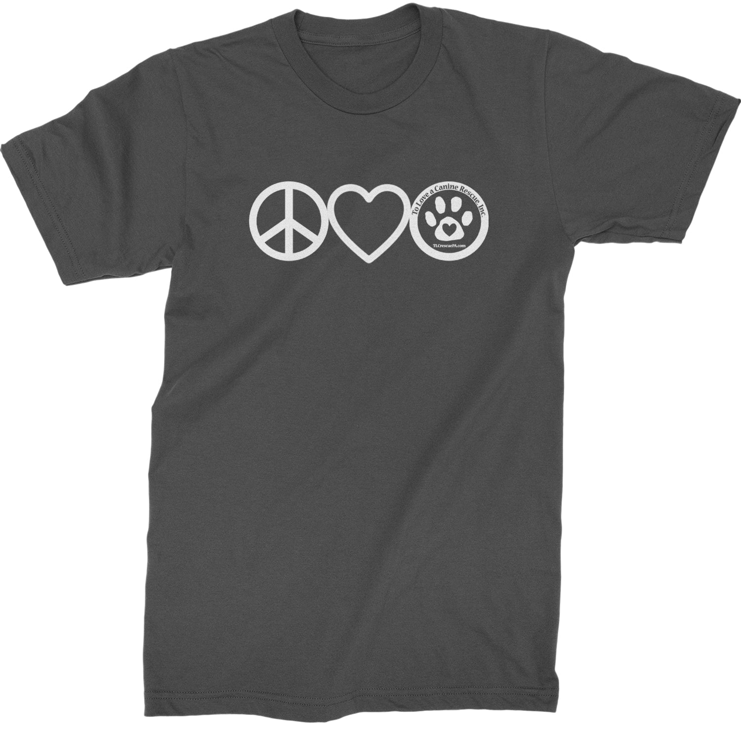 Peace, Love and TLC Dog Rescue Mens T-shirt Charcoal Grey