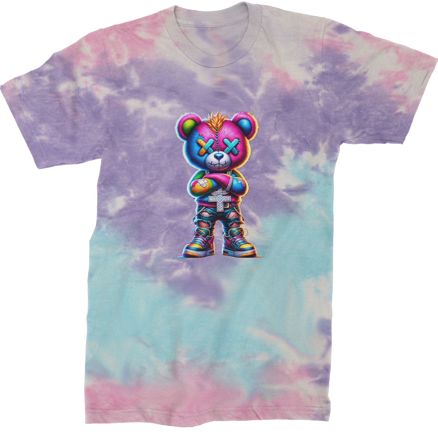 Stitched Neon Urban Graffiti Bear  Mens T-shirt Tie-Dye Cotton Candy