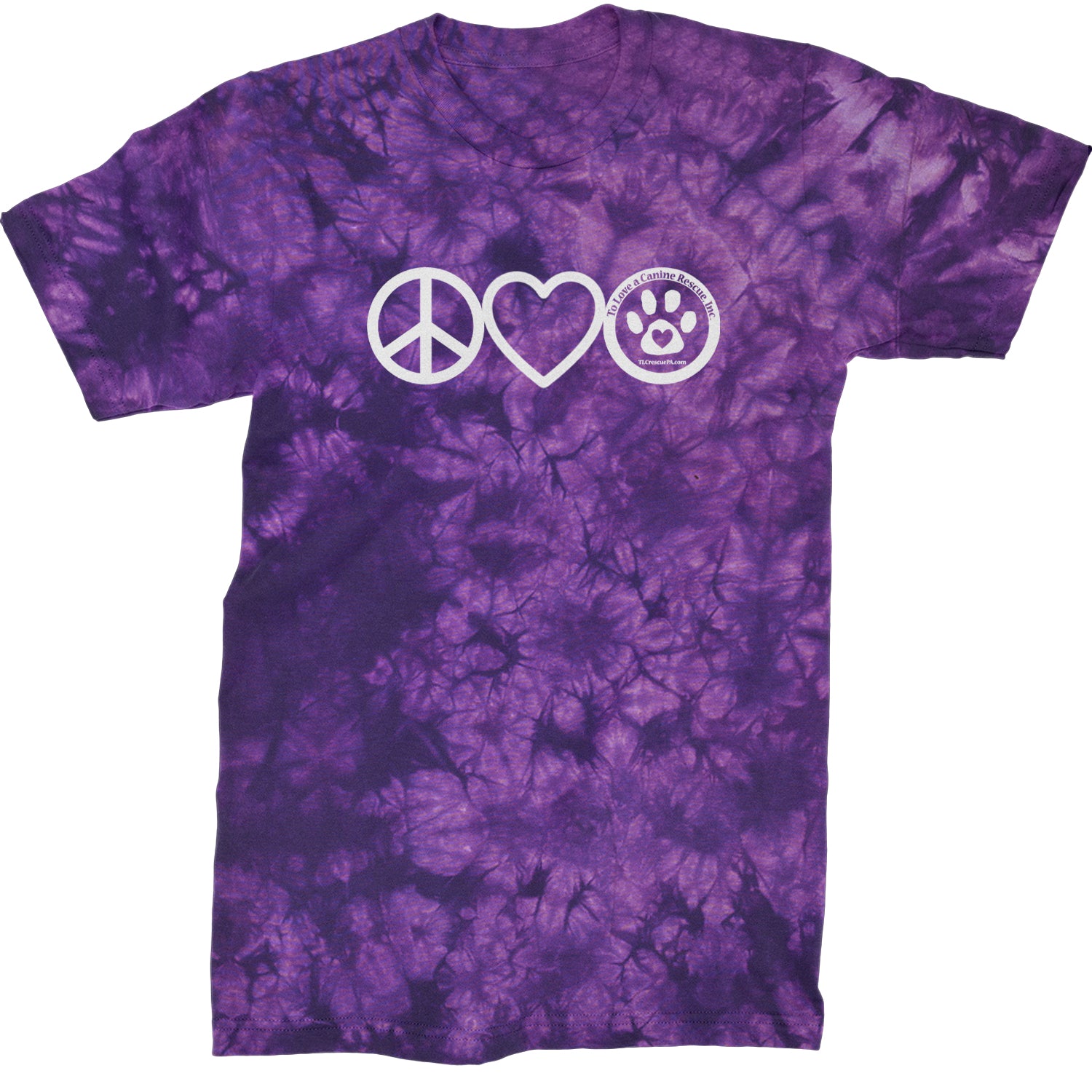 Peace, Love and TLC Dog Rescue Mens T-shirt Tie-Dye Crystal Purple