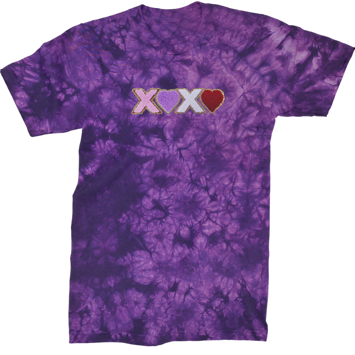 XOXO Chenille Patch Valentines Days  Mens T-shirt Tie-Dye Crystal Purple