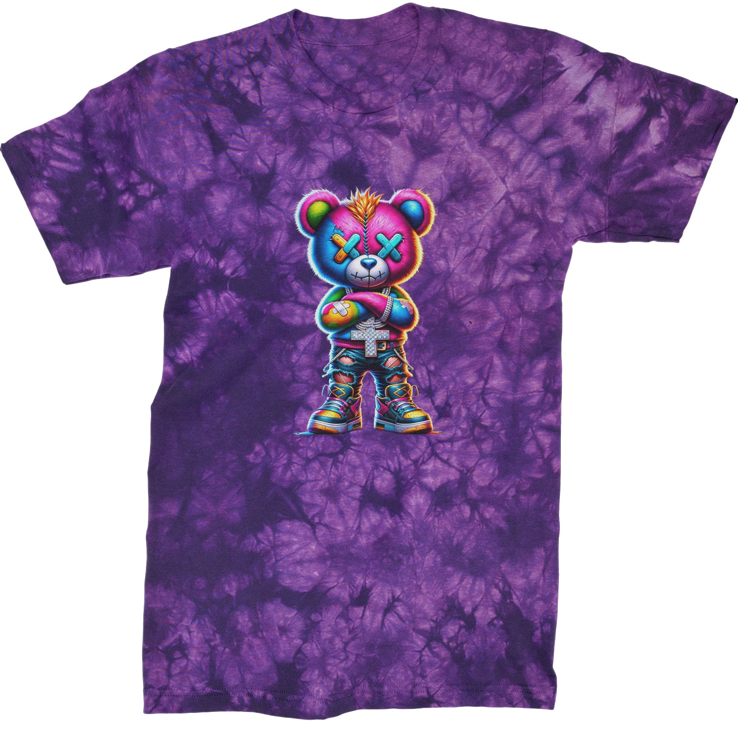 Stitched Neon Urban Graffiti Bear  Mens T-shirt Tie-Dye Crystal Purple