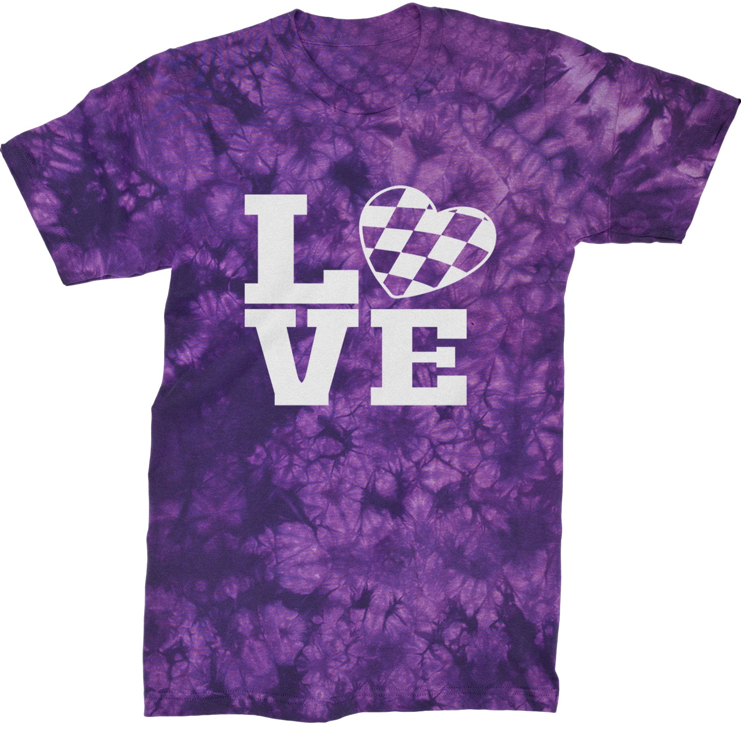 Love Racing Checkered Flag Heart Mens T-shirt Tie-Dye Crystal Purple