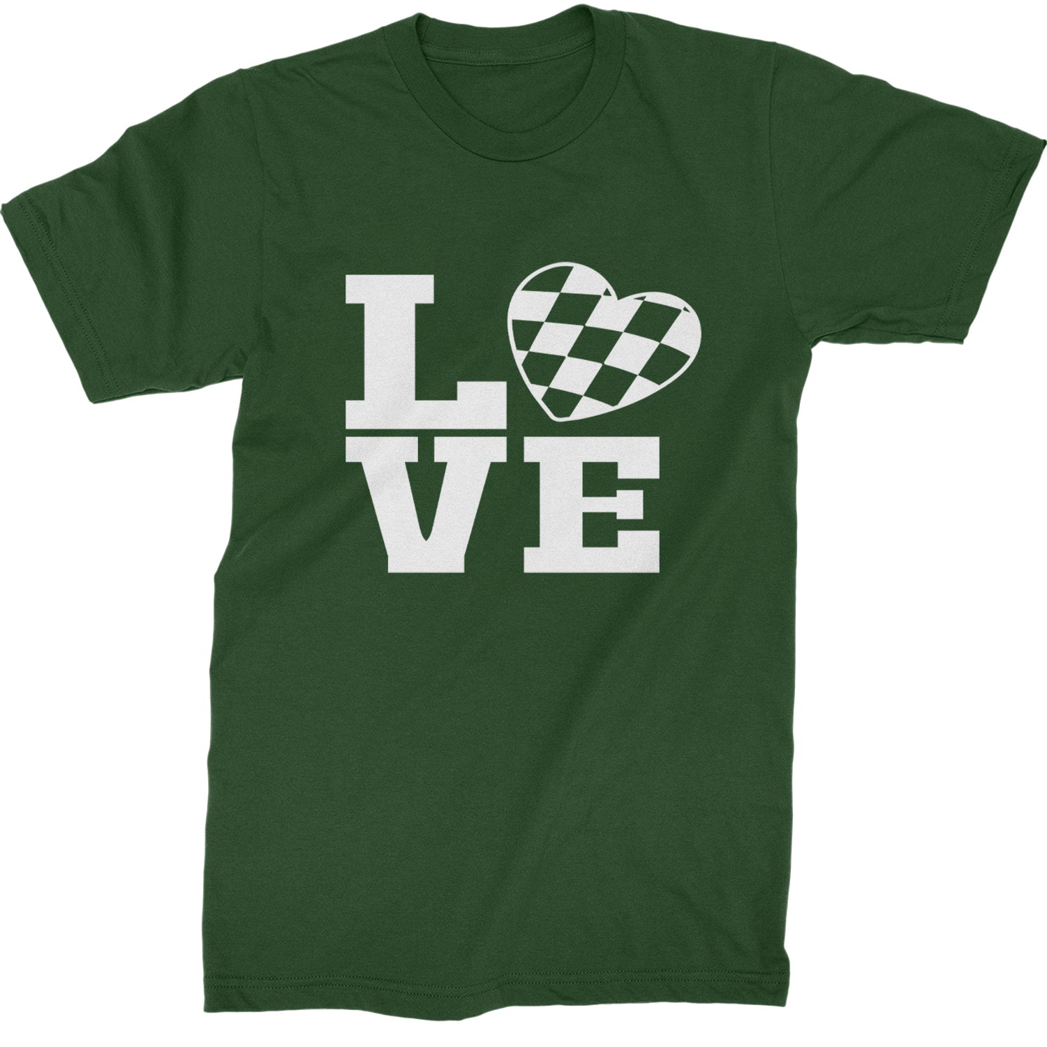 Love Racing Checkered Flag Heart Mens T-shirt Forest Green