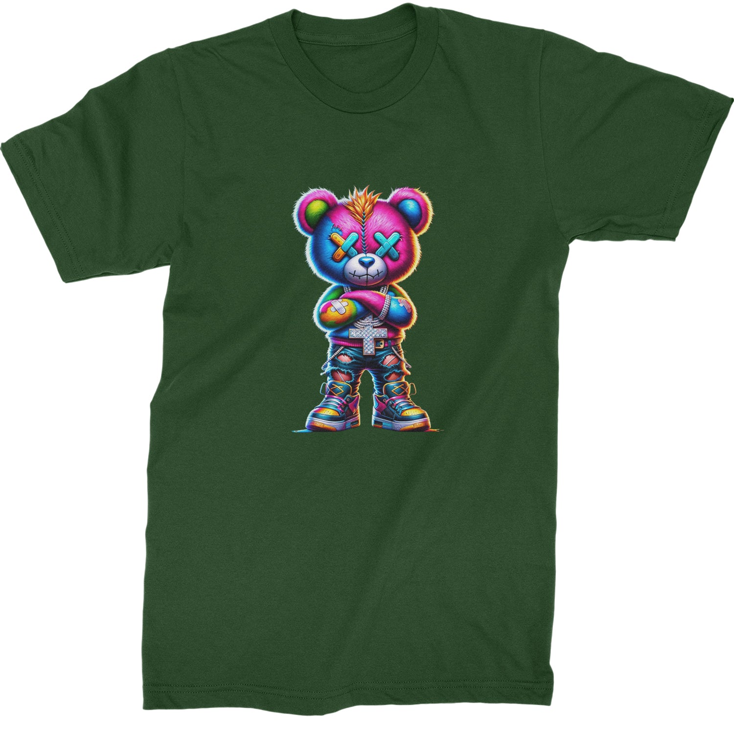 Stitched Neon Urban Graffiti Bear  Mens T-shirt Forest Green