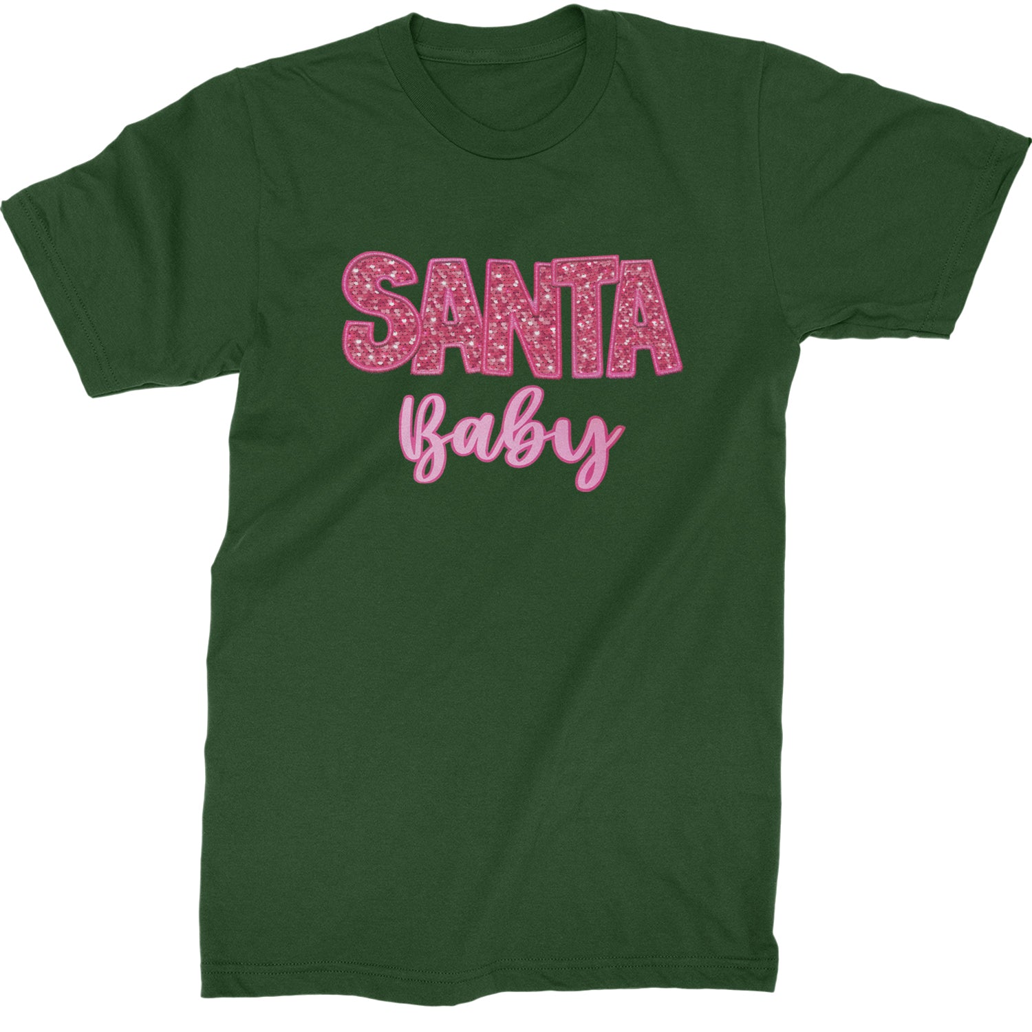 Santa Baby Faux Patch and Sequins  Mens T-shirt Forest Green