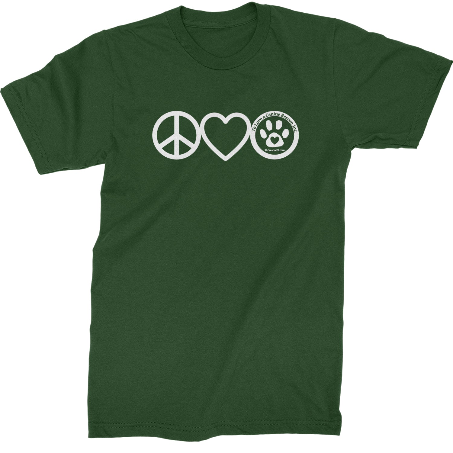 Peace, Love and TLC Dog Rescue Mens T-shirt Forest Green