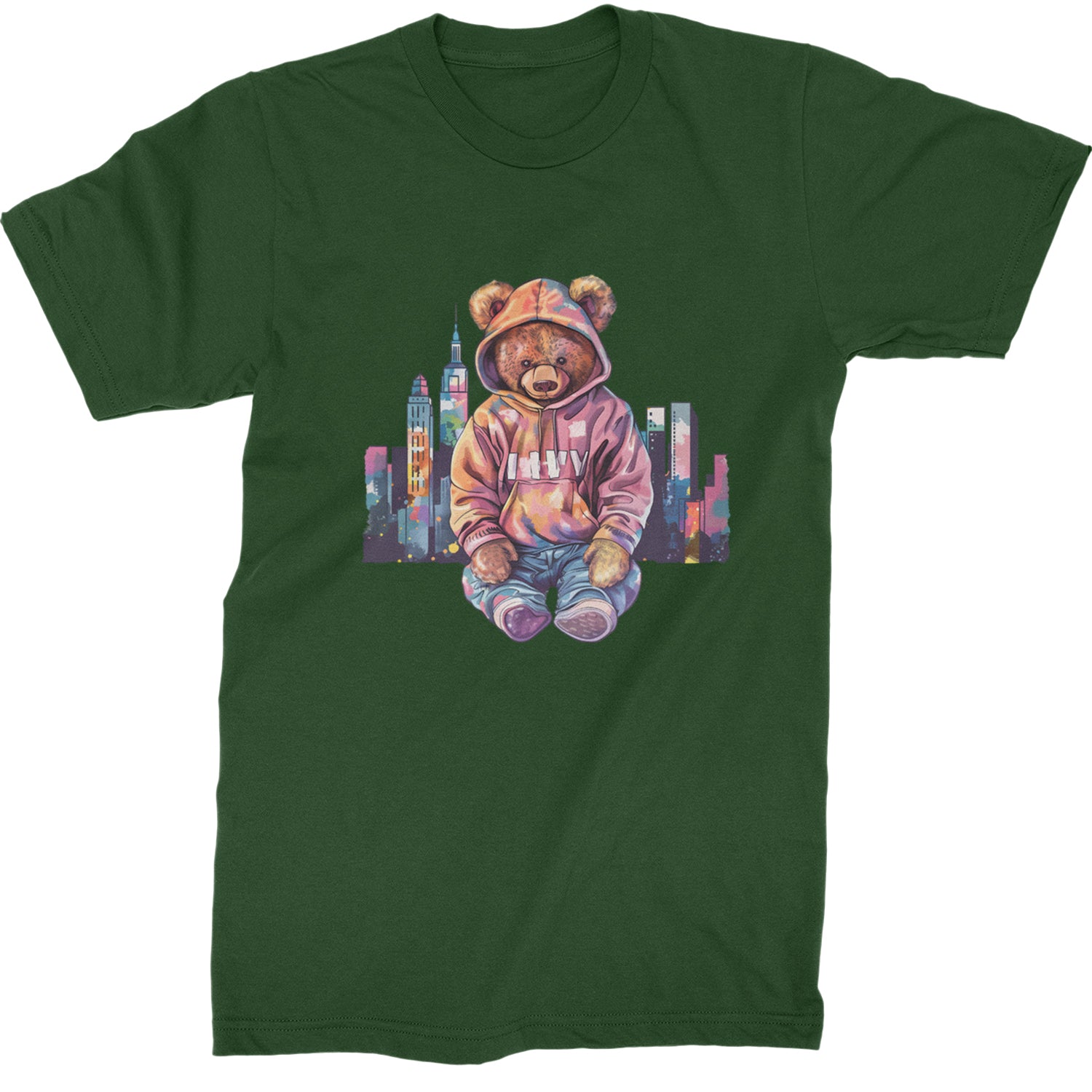 City Skyline Urban Graffiti Bear  Mens T-shirt Forest Green