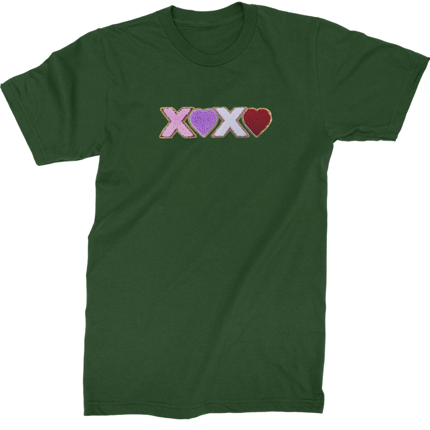 XOXO Chenille Patch Valentines Days  Mens T-shirt Forest Green