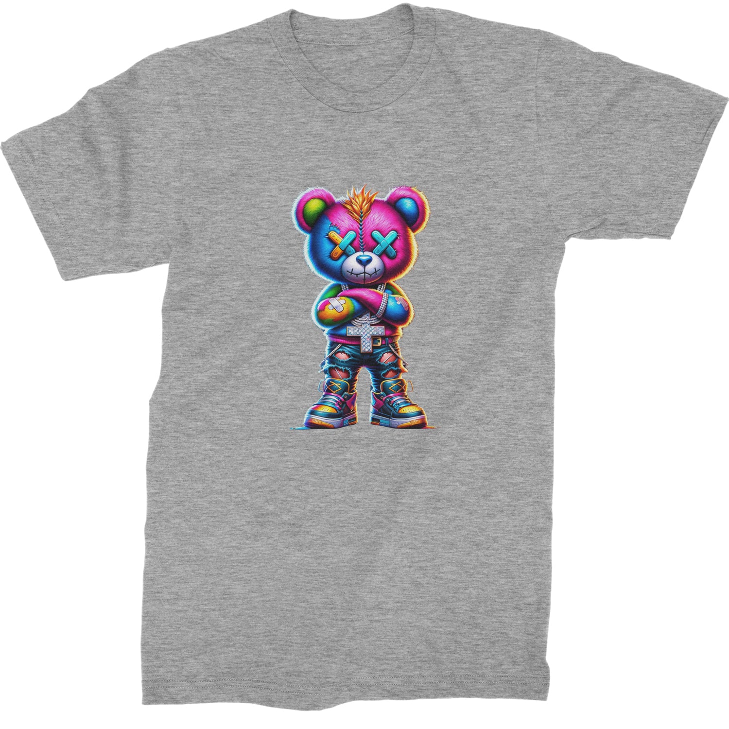 Stitched Neon Urban Graffiti Bear  Mens T-shirt Heather Grey