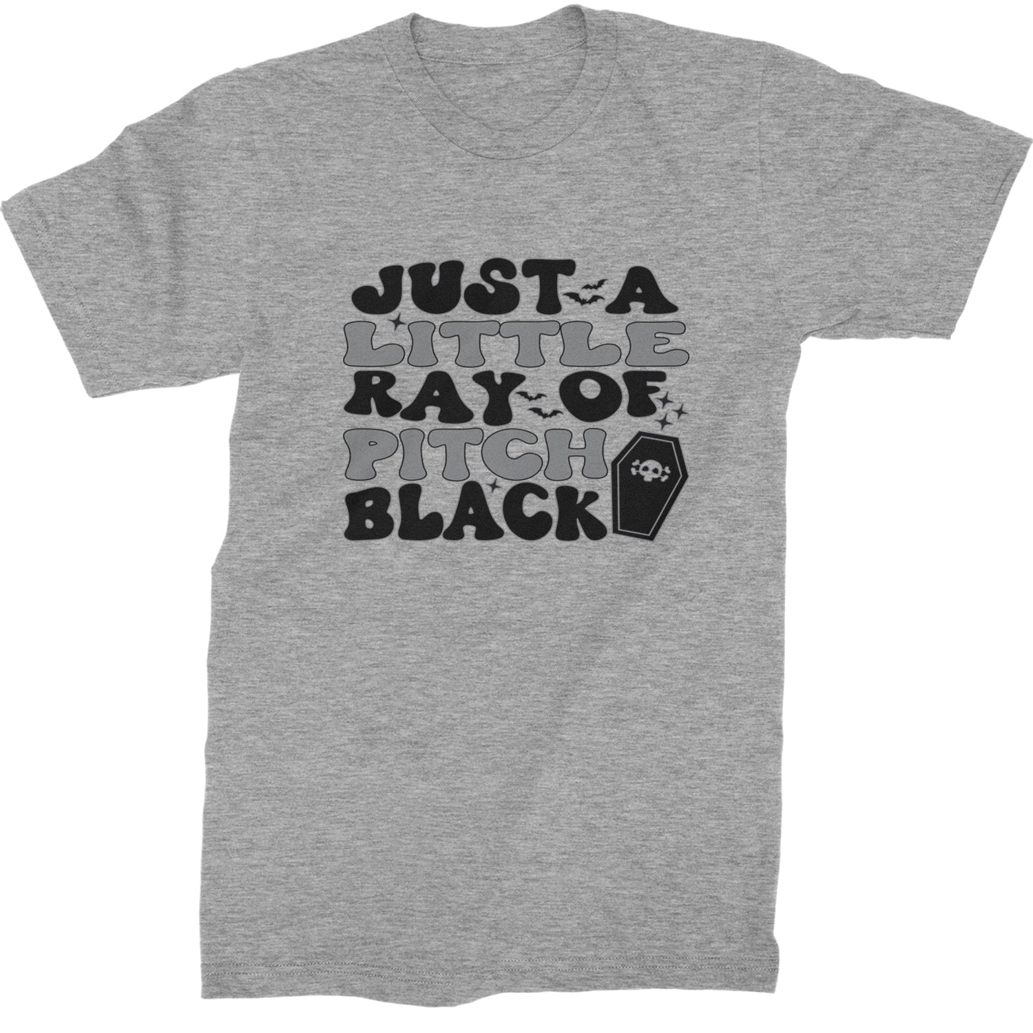 Heather grey men's T-shirt showing the complete black Just A Little Ray of Pitch Black lettering, bats, and coffin graphic
