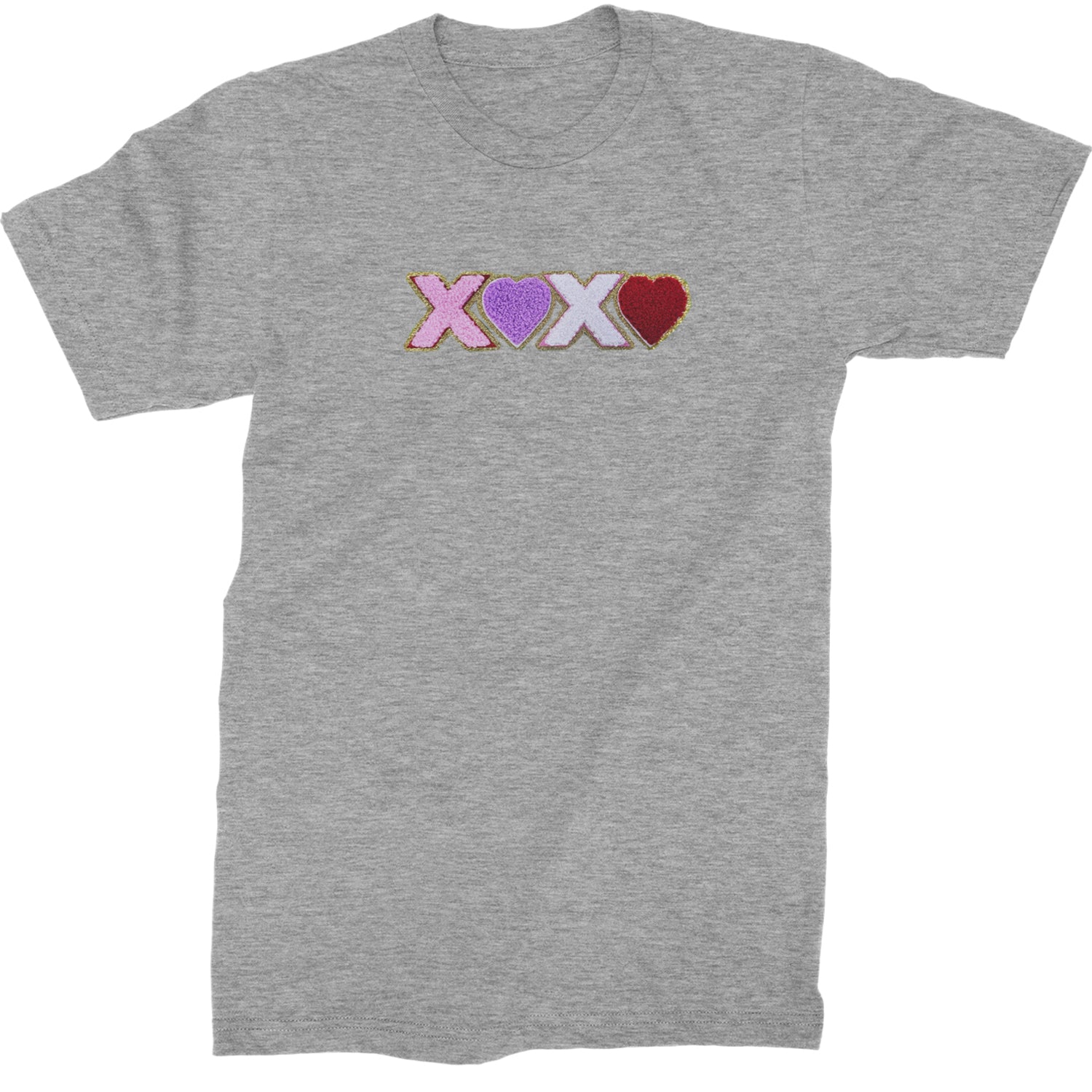 XOXO Chenille Patch Valentines Days  Mens T-shirt Heather Grey