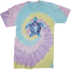 Blue and purple tie-dye sea turtle silhouette with speckled highlights on a men's heavyweight cotton T-shirt