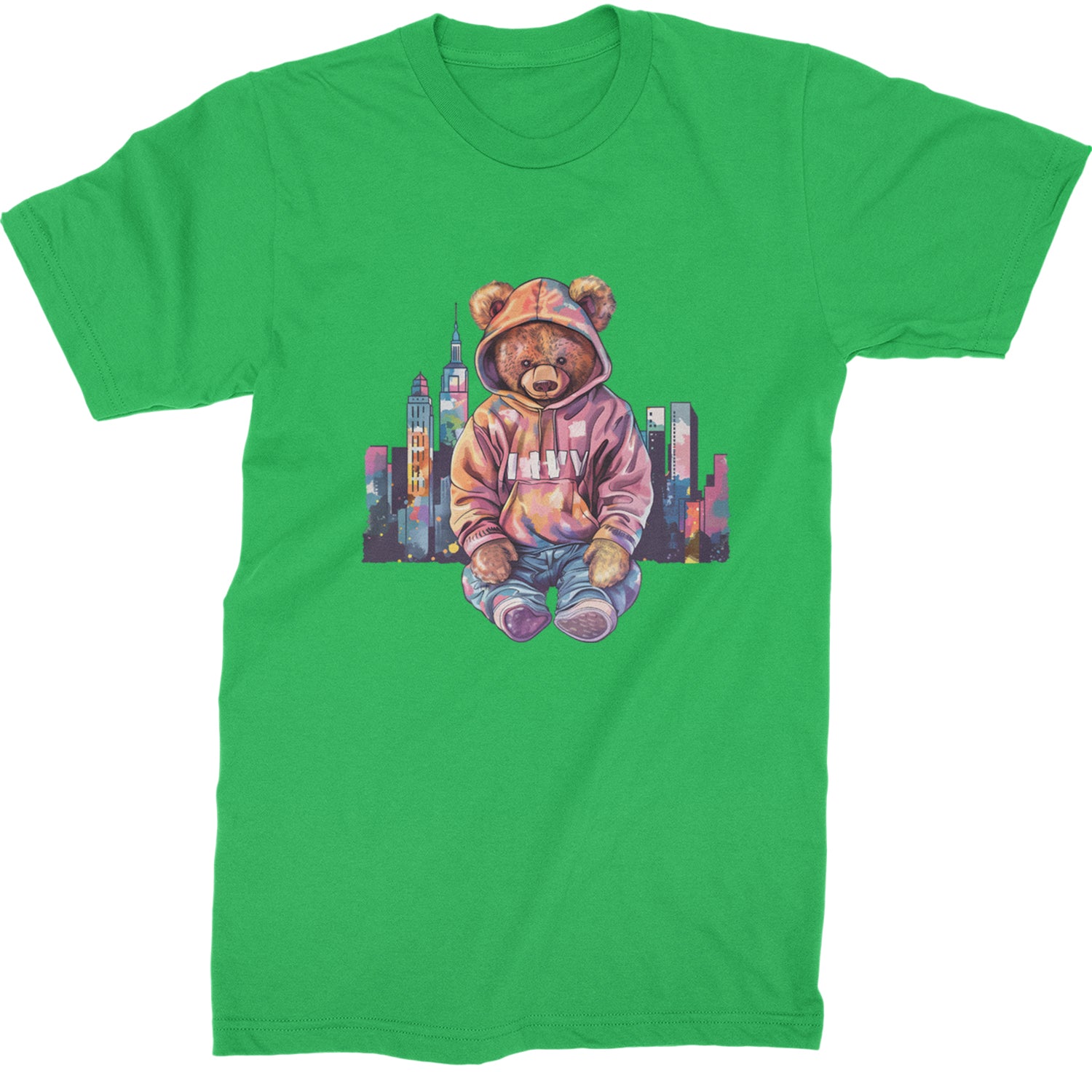 City Skyline Urban Graffiti Bear  Mens T-shirt Kelly Green