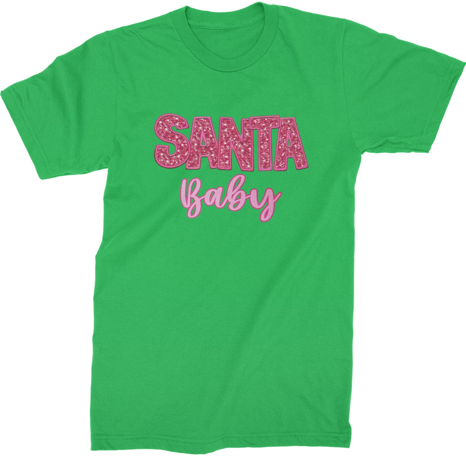 Santa Baby Faux Patch and Sequins  Mens T-shirt Kelly Green