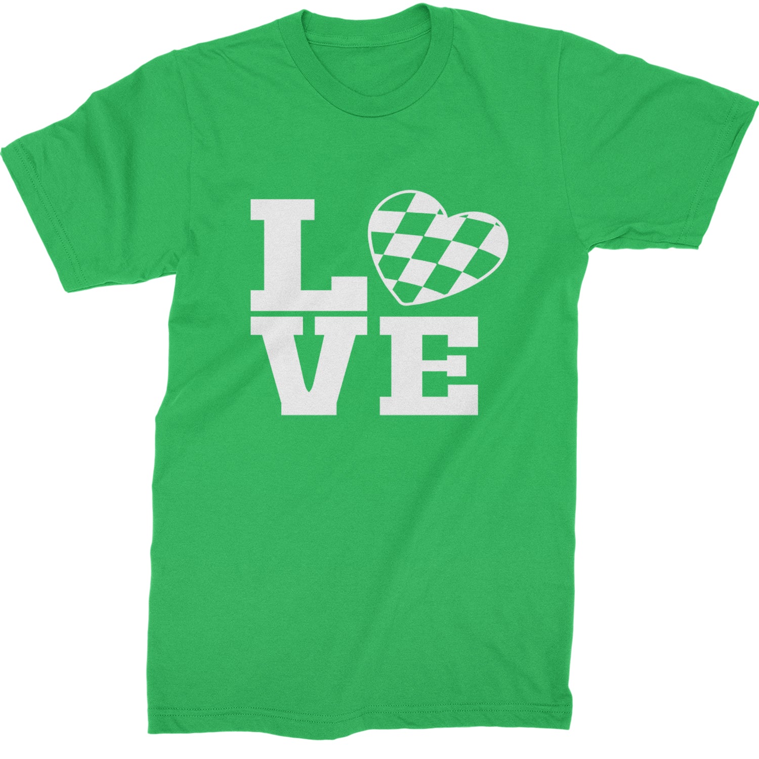 Love Racing Checkered Flag Heart Mens T-shirt Kelly Green