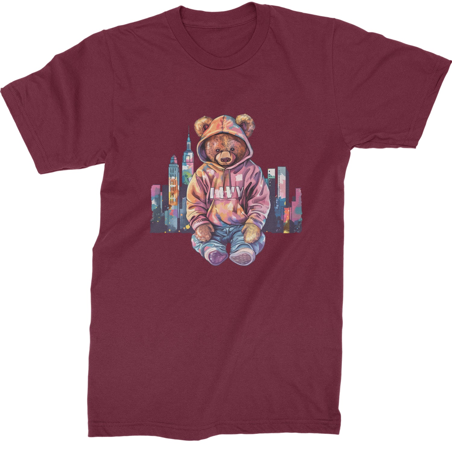 City Skyline Urban Graffiti Bear  Mens T-shirt Maroon