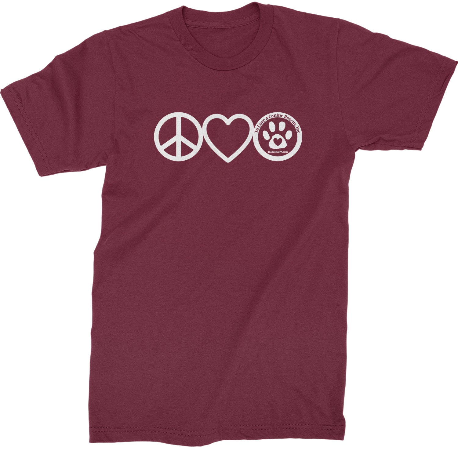 Peace, Love and TLC Dog Rescue Mens T-shirt Maroon