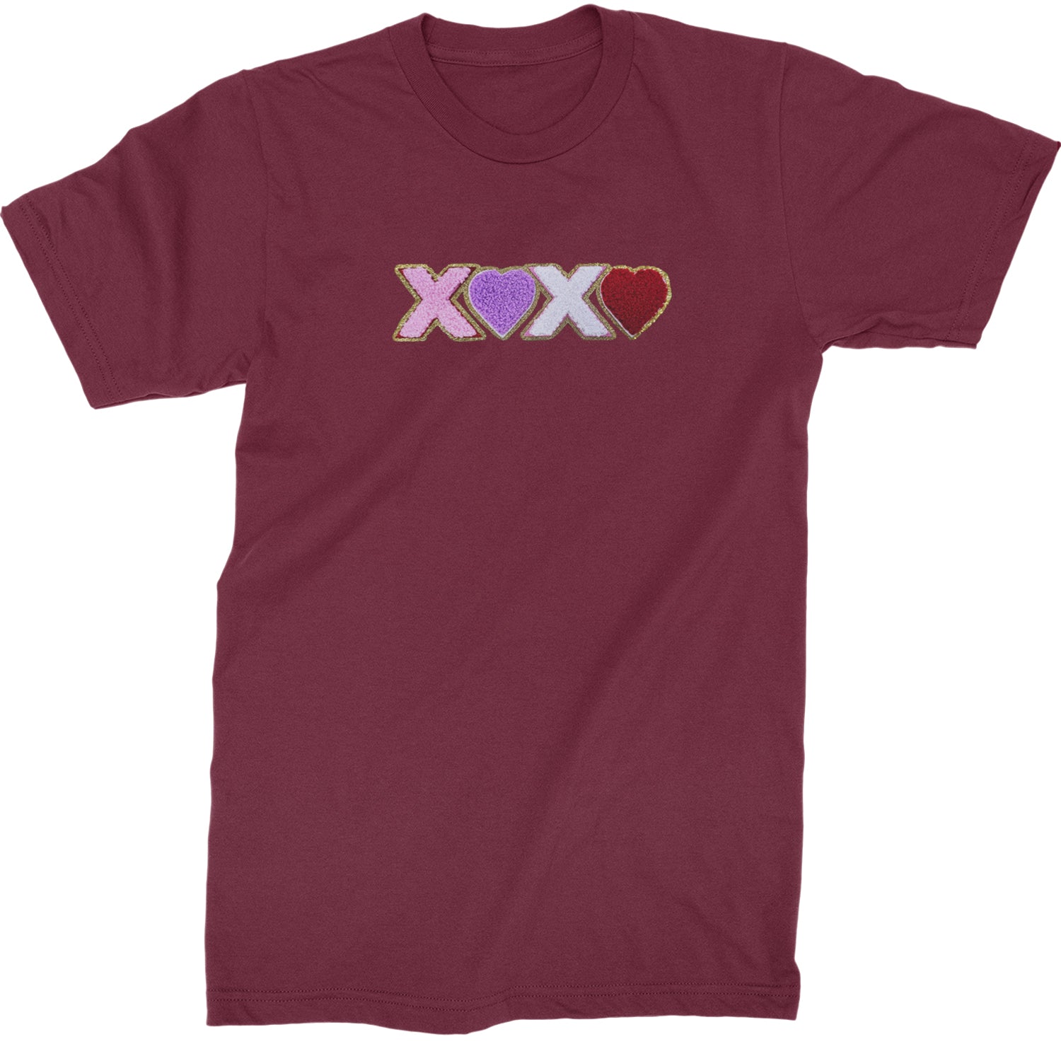 XOXO Chenille Patch Valentines Days  Mens T-shirt Maroon