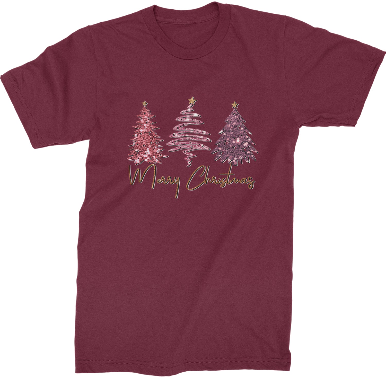 Merry Christmas Faux Glitter Trees  Mens T-shirt Maroon