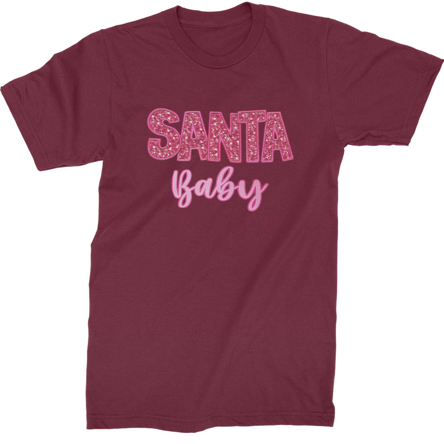 Santa Baby Faux Patch and Sequins  Mens T-shirt Maroon