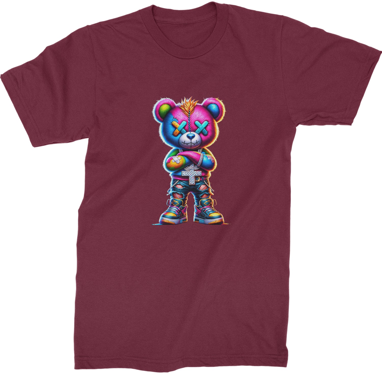 Stitched Neon Urban Graffiti Bear  Mens T-shirt Maroon