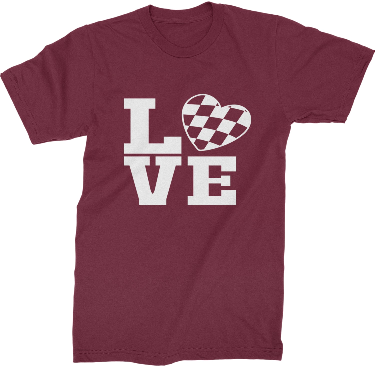 Love Racing Checkered Flag Heart Mens T-shirt Maroon