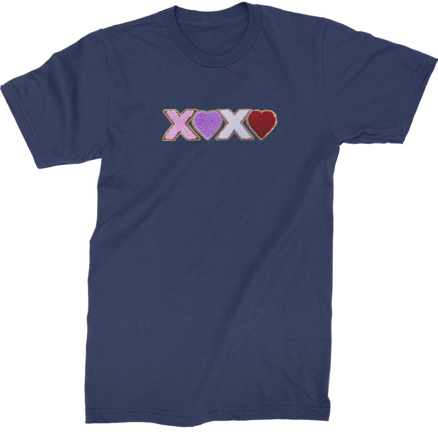 XOXO Chenille Patch Valentines Days  Mens T-shirt Navy Blue