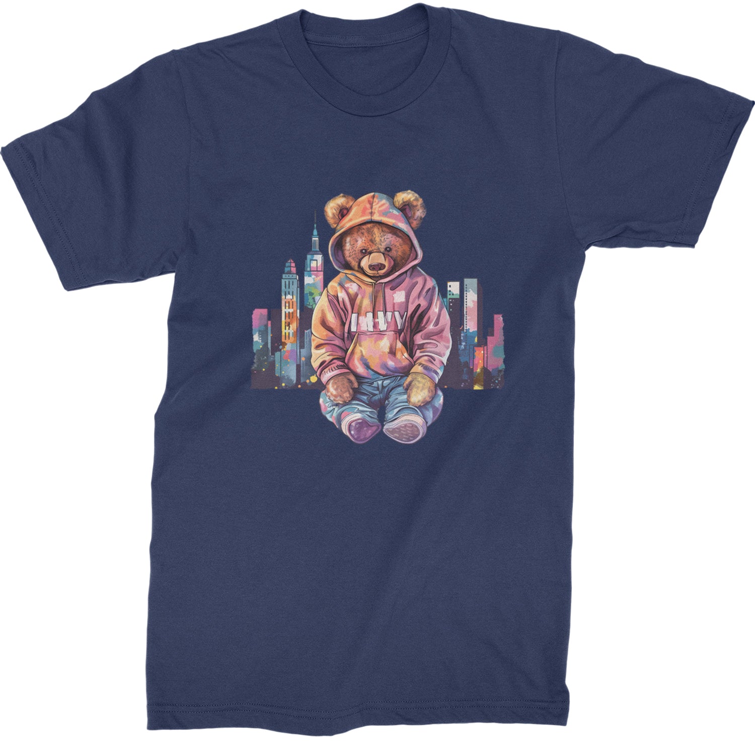 City Skyline Urban Graffiti Bear  Mens T-shirt Navy Blue