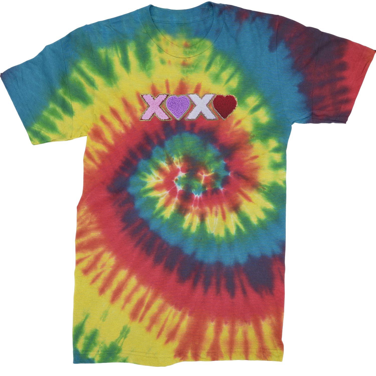 XOXO Chenille Patch Valentines Days  Mens T-shirt Tie-Dye Rainbow Reactive