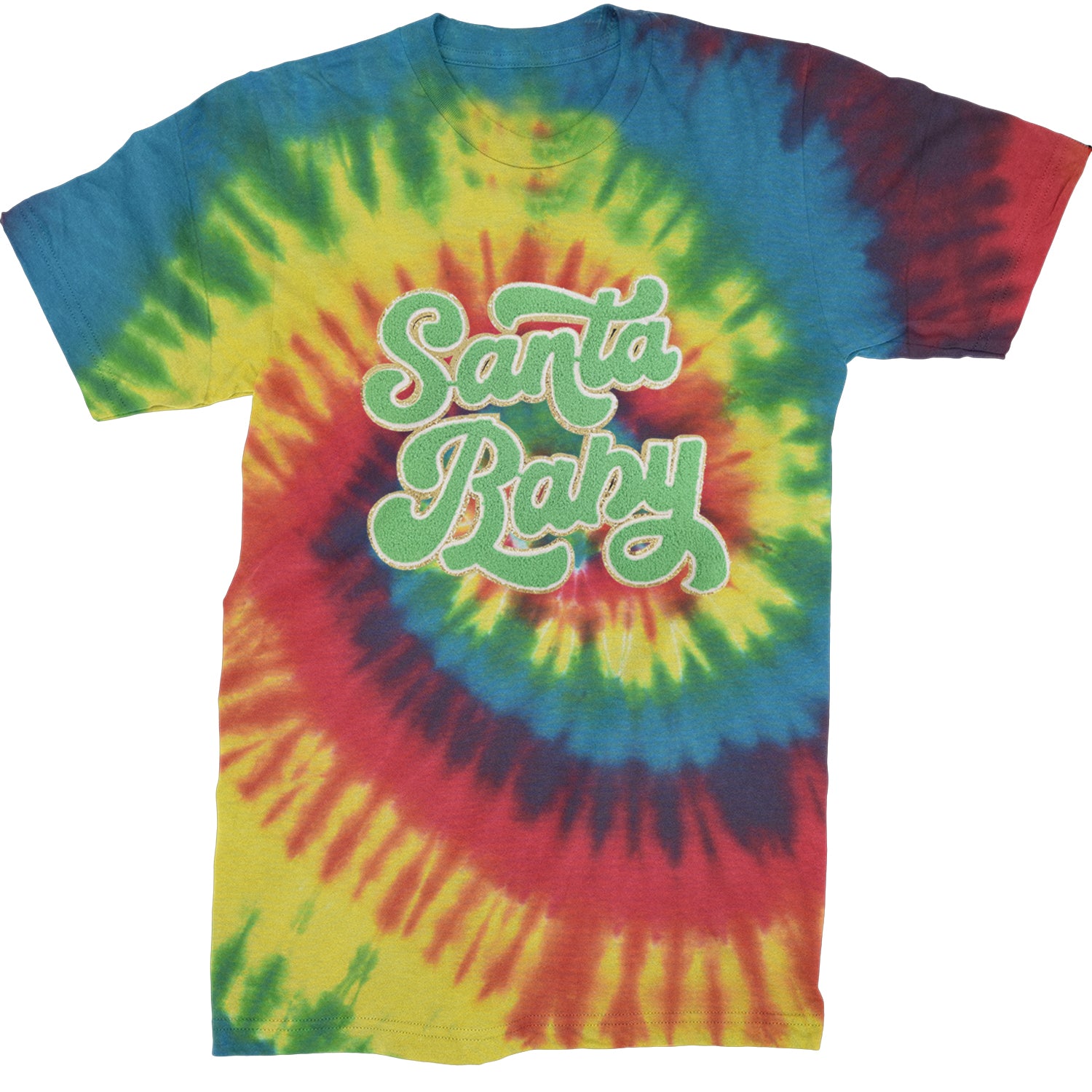 Green Santa Baby Chenille Patch  Mens T-shirt Tie-Dye Rainbow Reactive