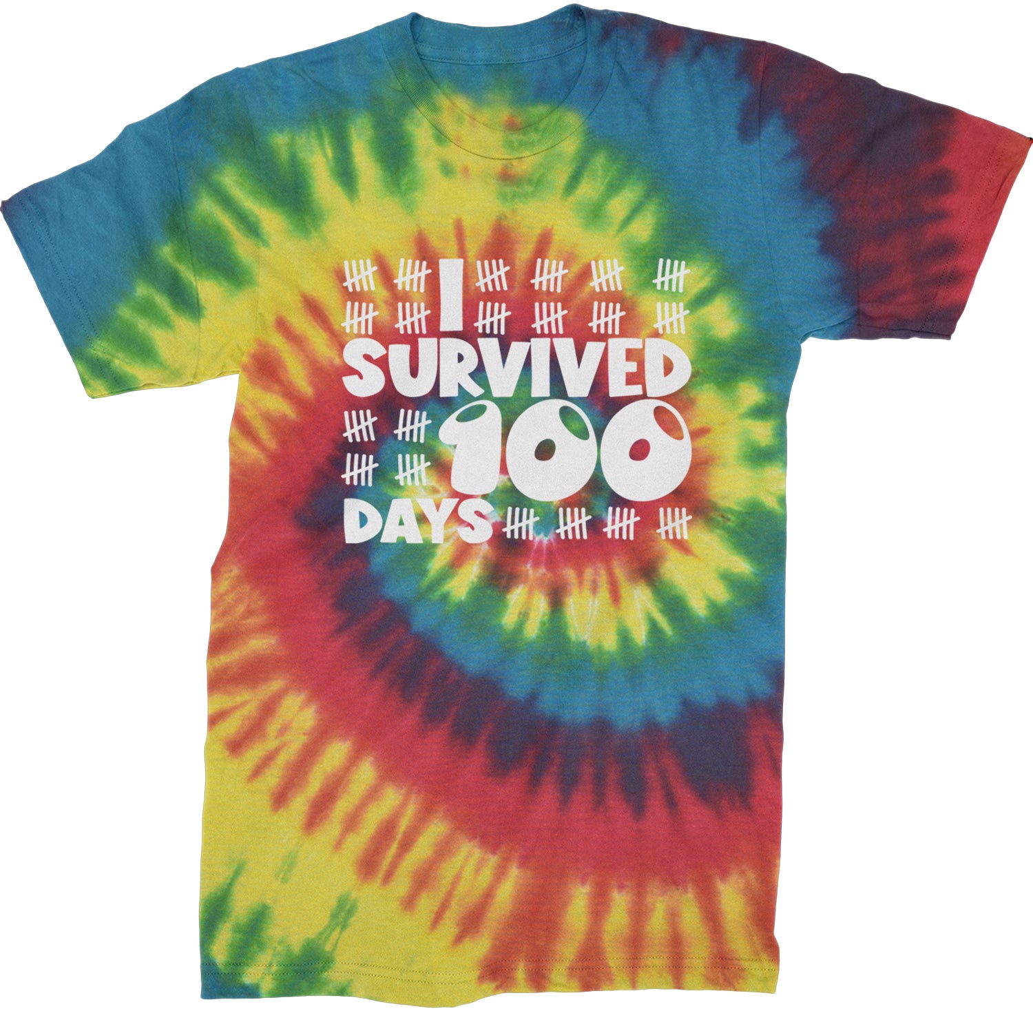 I Survived 100 Days Tally Marks Mens T-shirt Tie-Dye Rainbow Reactive