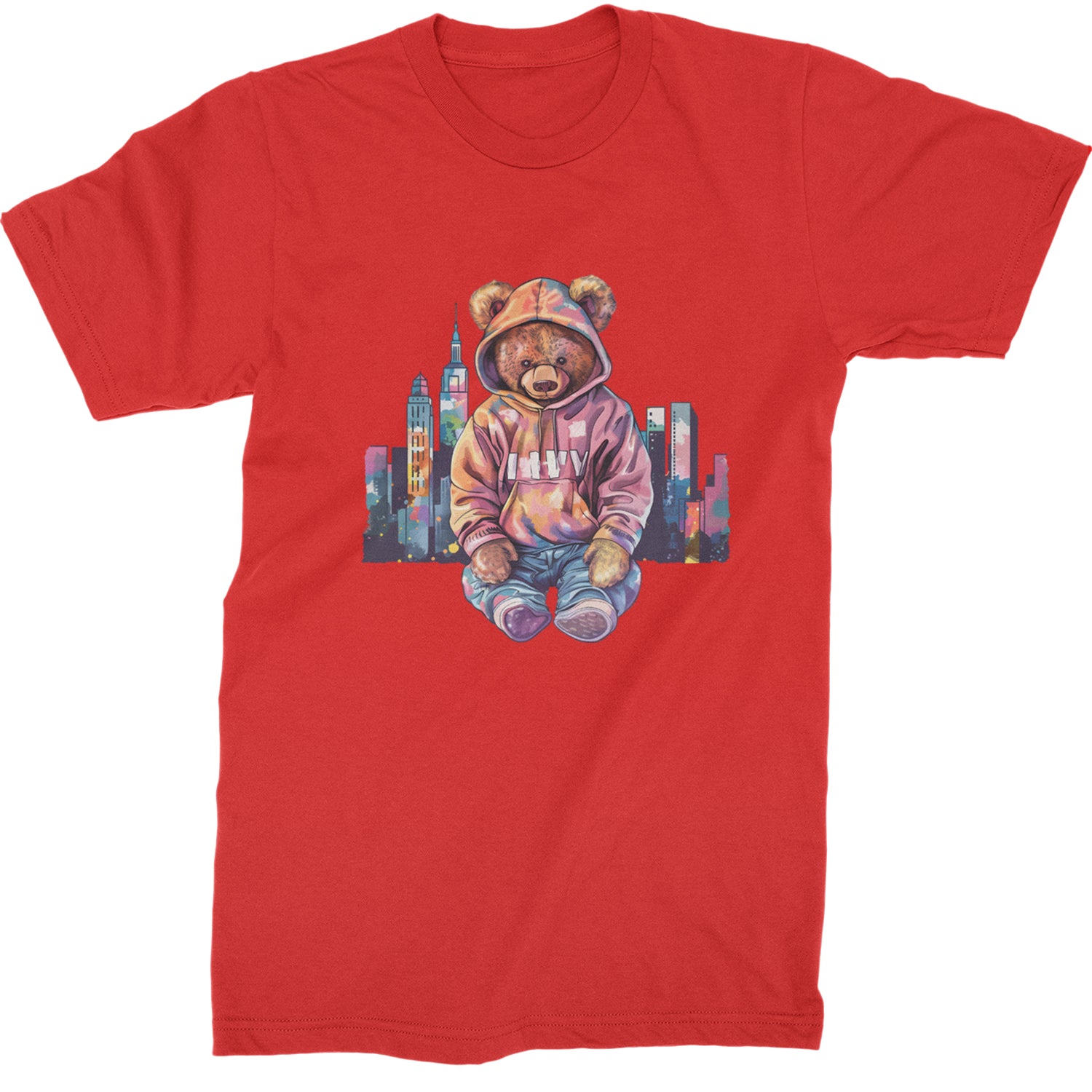 City Skyline Urban Graffiti Bear  Mens T-shirt Red