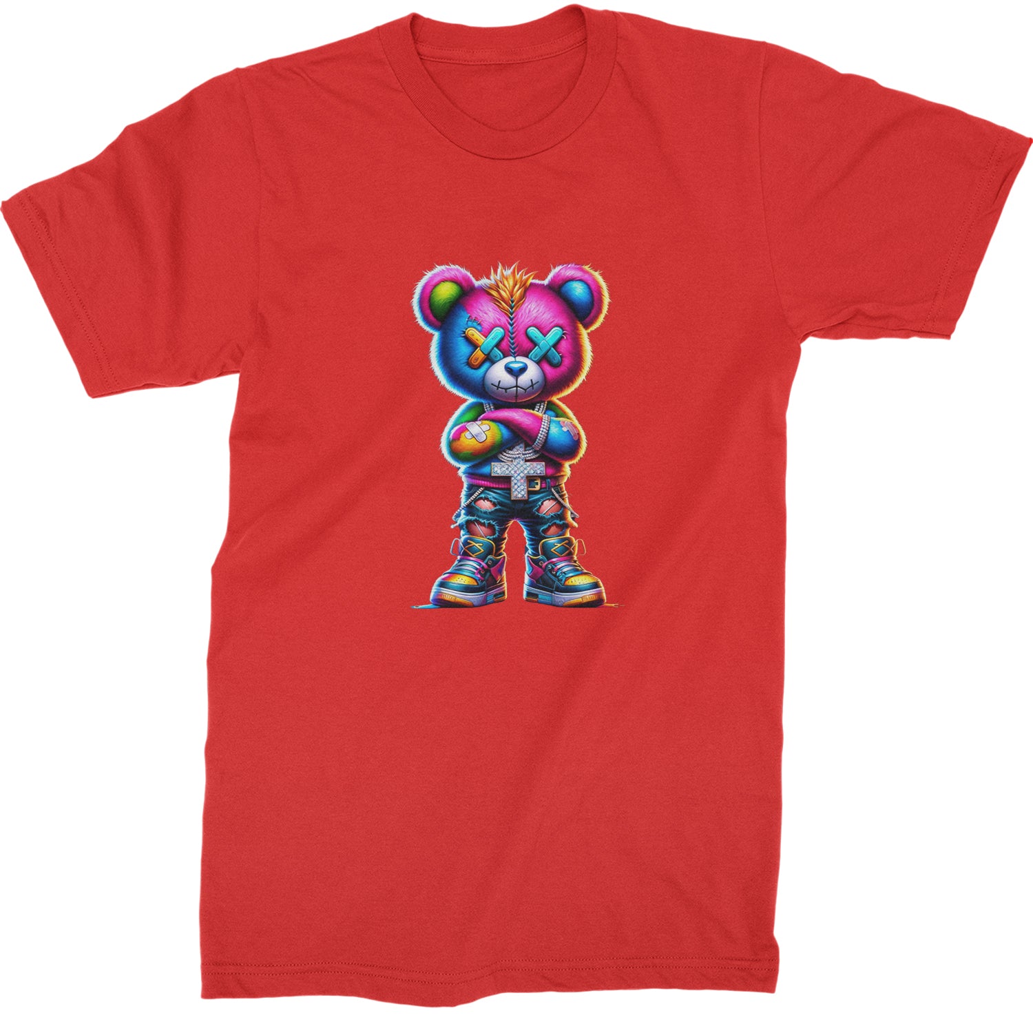 Stitched Neon Urban Graffiti Bear  Mens T-shirt Red