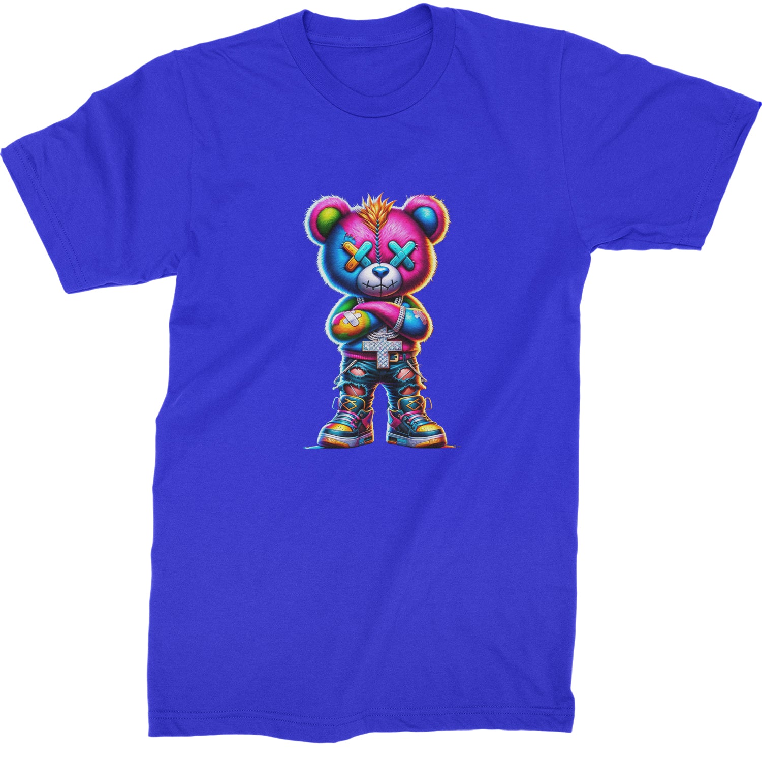 Stitched Neon Urban Graffiti Bear  Mens T-shirt Royal Blue