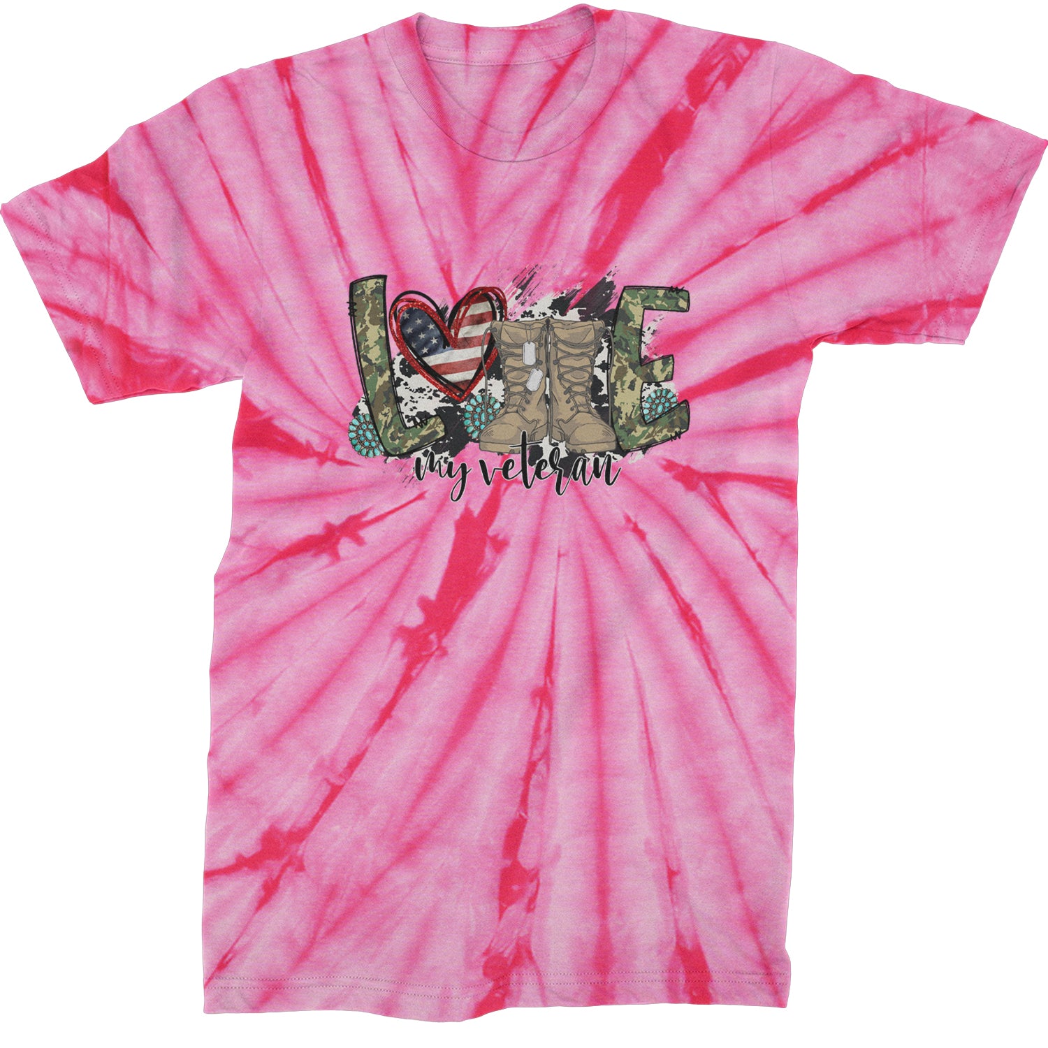 Love My Veteran Honor Veterans Day  Mens T-shirt Tie-Dye Spider Pink