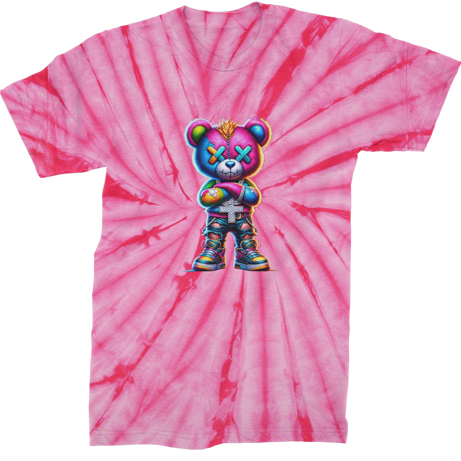 Stitched Neon Urban Graffiti Bear  Mens T-shirt Tie-Dye Spider Pink