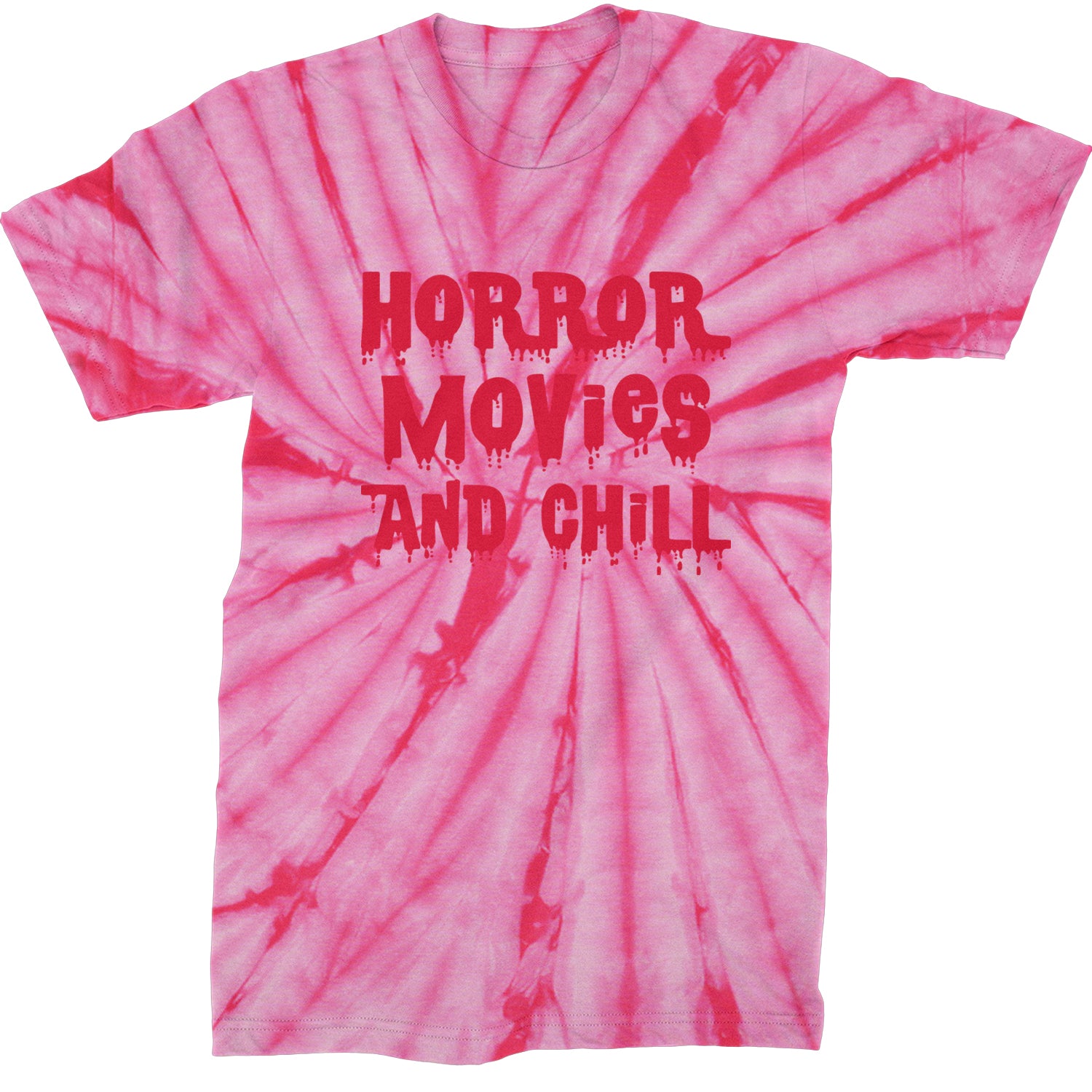 Horror Movies and Chill Mens T-shirt Tie-Dye Spider Pink