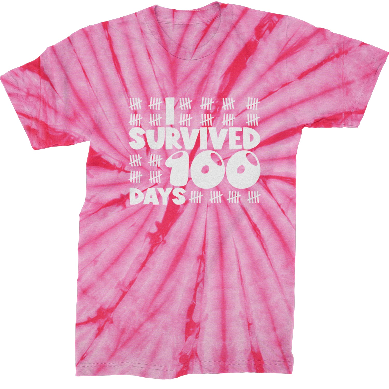 I Survived 100 Days Tally Marks Mens T-shirt Tie-Dye Spider Pink