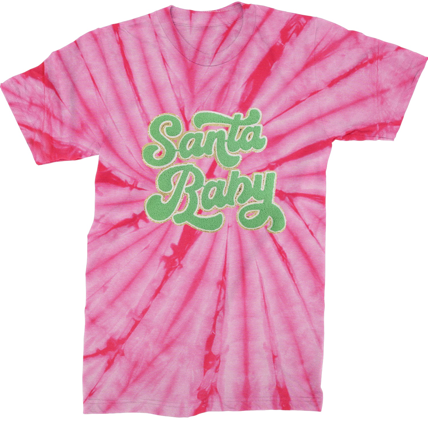 Green Santa Baby Chenille Patch  Mens T-shirt Tie-Dye Spider Pink