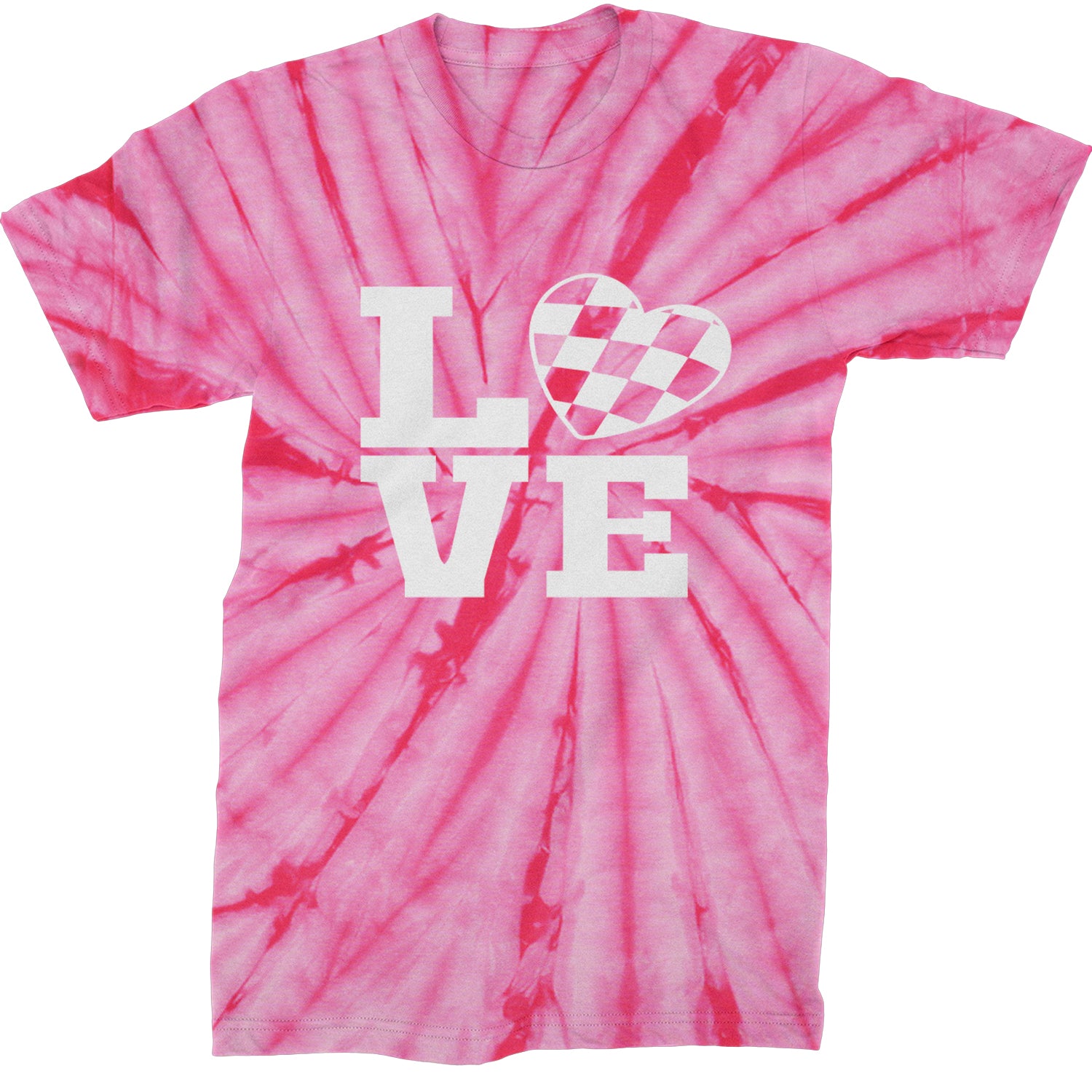 Love Racing Checkered Flag Heart Mens T-shirt Tie-Dye Spider Pink